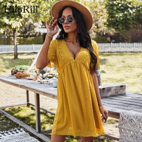 HiloRill Summer Women Chic V Neck Lace Chiffon Dress Dot Embroidery Boho Beach Dress Flare Short Sleeve Ruffles Mini Dresses