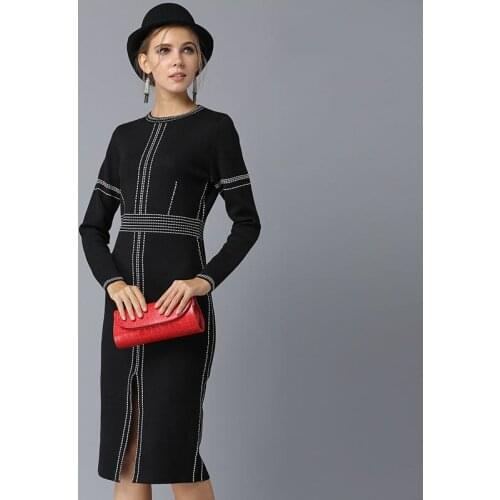 Winter Fashion Women Black Sweater Dresses Long Sleeve Sexy Split Knitted Dress Casual Office Lady Pullovers