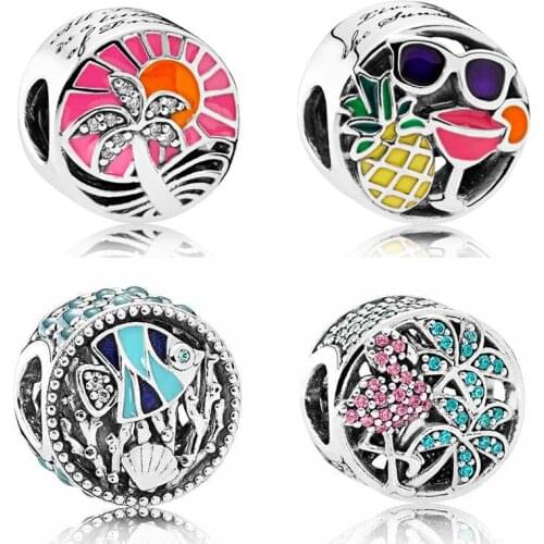 QANDOCCI Enamel Summer Fun Tropical Sunset Ocean Life Tropical Flamingo Beads Fit Pandora Bracelet 925 Sterling Silver Jewelry