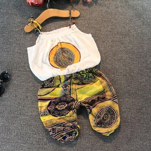 Clearance! Summer Girls Clothing Set Kids White Chiffon Printed 2Pcs Top with Pants Cute Children Clothes