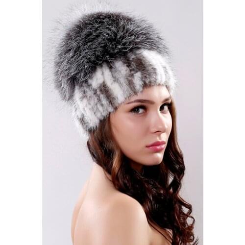 Russia Style 100% Real Knitted Mink Fur Hat With Large Silver Fox Fur Pom Poms Beanies Elegant Women Natural Fur cap headdress