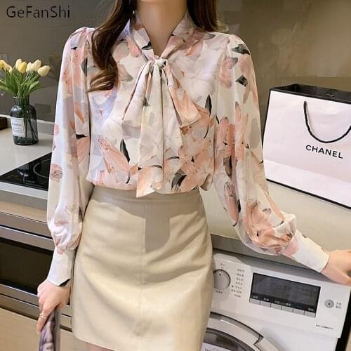 Autumn Winter Preppy Style Bow Collar Print Chiffon Blouse Shirt Elegant Office Ladies Button Casual Shirts Chic Blusas Tops