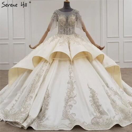 Champagne Satin High-end Sexy Wedding Dresses 2020 Beading Tassel Sleeveless Lace Up Bridal Gowns HX0115 Custom Made