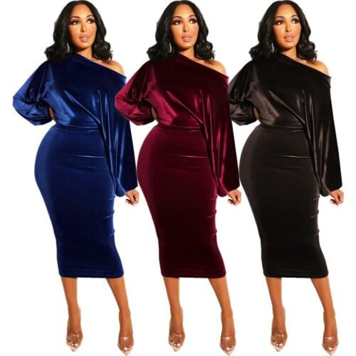 Spring and Autumn Fashion Womens One-shoulder Slash Neck Wrapped Chest Bag Hip Sexy Puff Sleeve Suede Solid Color Long Dress