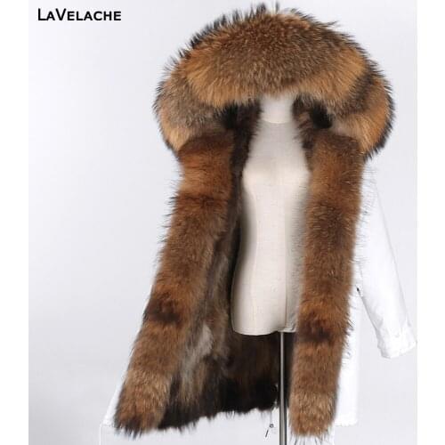 LaVelache New Real Fur Coat White Winter Jacket Women Long Plus Size Raccoon Fur Parkas Thick Warm Female Outerwear Streetwear