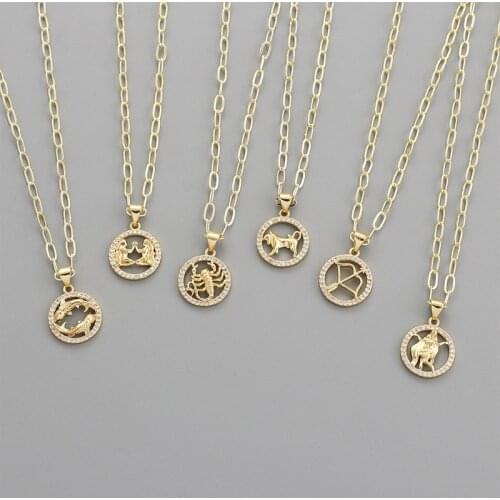 Round Hollow 12 Zodiac Sign Necklace For Women Girl Retro Stainless Steel Gold Chain Necklaces Constellations Zirconia Jewelry