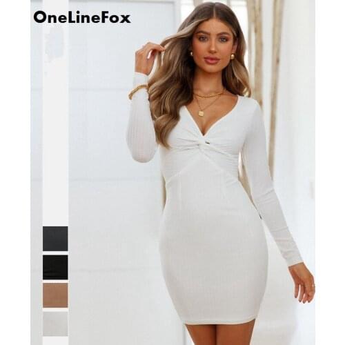 OneLineFox Womens Sexy Kink Deep V-Neck Cleavage Tight Mini Dress Long Sleeve Bodycon Pencil Solid Club Apparel