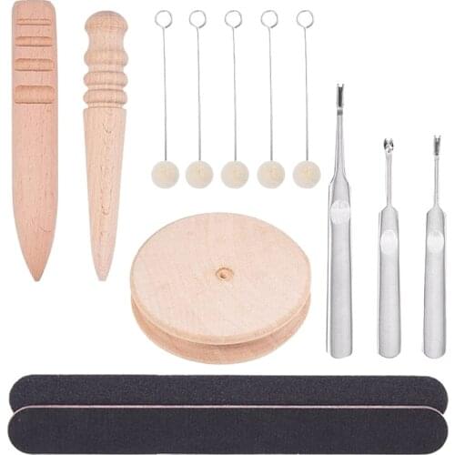 13 Pcs Leathercraft Edge Skiving Beveler with Solid Wood Leather Edge Slicker Burnisher,Sanding Strip and Wool Daubers
