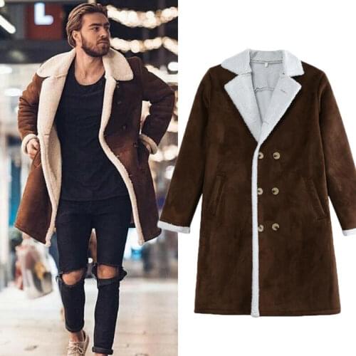 2020 Fashion Men Fur Fleece Blends Brown Color Trench Coat Overcoat Lapel Warm Fluffy Jacket Outerwear Male Boy Warm Jacket