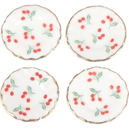 4PCS Kitchen Toys Dollhouse Cherry Trays Plates Doll Durable Mini Food Dishes Tableware Miniature Doll House Accessories