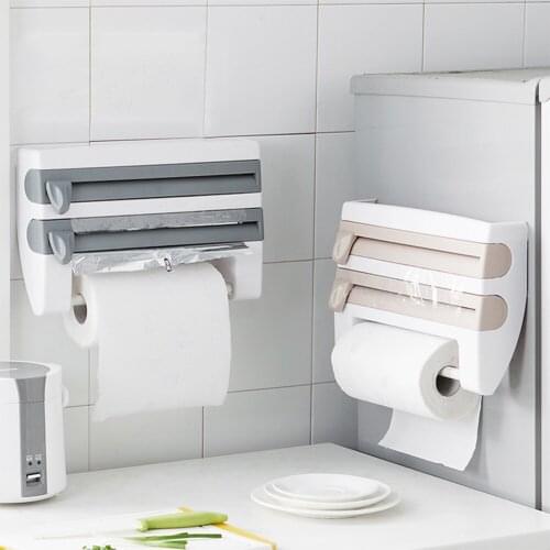 4 In 1 Kitchen Organizer Plastic Wall-Mount Storage Rack Shelf Cutter Holder Wrap Film Sauce Bottle Tin Foil Roll Paper Spice