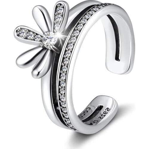 Floral Daisy Rings 100% Authentic 925 Sterling-Silver-Jewelry with Clear CZ Free Shipping