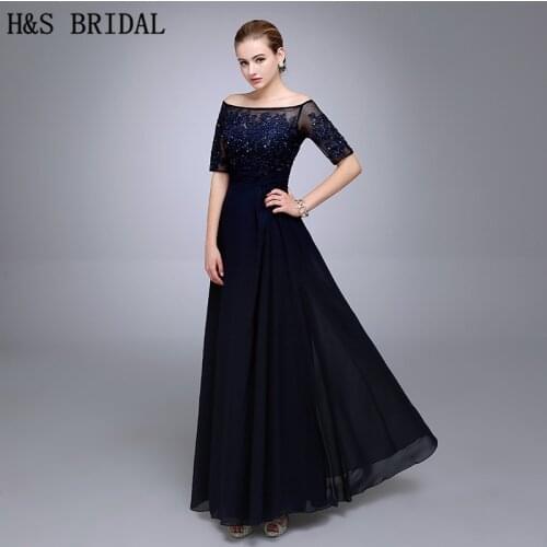 Real Picture Half Sleeve Custom Made Navy Blue Lace Beaded Long Evening Party Dresses Vestido De Festa Chiffon Evening Dress