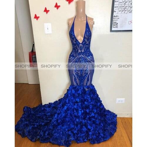 Long Prom Dresses 2020 See Through Sexy Mermaid Halter Royal Blue Sequin 3D Flowers Prom Party Gala Dress