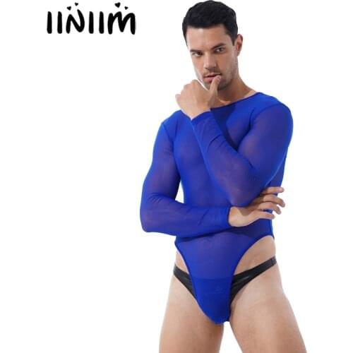 Iiniim Mens Exotic Costumes Teddies See-Through Mesh Bodysuit Sleepwear Long Sleeve High-Cut Thongs Zipper Slim Fit Jumpsuit