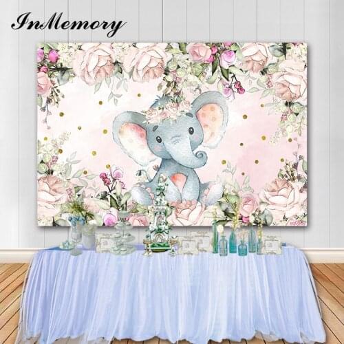 InMemory Cute Elephant Baby Shower Backdrop Flowers Newborn Birthday Party Animal Photography Background Photo Studio Props