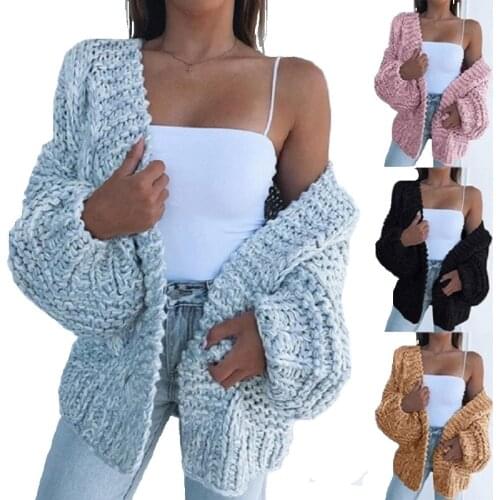 Casual Long Lantern sleeve Cardigan Winter Sweater Women Plus Size Knitted Fashion Sweater Jacket Black Cotton Cardigan Female