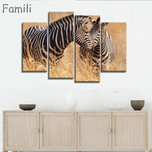 Frameless Oil Painting Zebra Canvas Print Animal Wall Painting Home Decor Canvas Painting for Living Room Wall Art Gift 4 Pieces