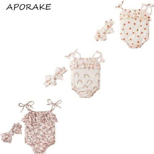 2021 0-24M Cute Summer Infant Baby Girl Sumemr Romper Off Shoulder Ruffle Collar Floral/Dot Print Sleeveless Strap Playsuit 2pcs