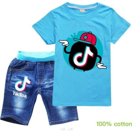 NEW Summer Baby Girl Clothes Clothing Sets Boys Tik Tok Print T-Shirt+Denim Shorts 2PCS Outfits Teen Clothes 2-16Years