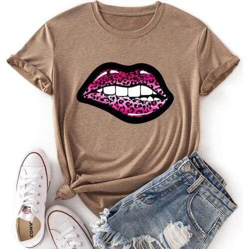 Summer Clothes for Women Leopard Lip Print Cotton T Shirt Harajuku Shirts O Neck Short Sleeve Tee Woman T-shirts