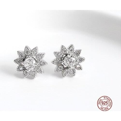 LKO Sweet Sun Flower Inlay Zircon Stud Earrings 925 Sterling Silver For Women Girls Wedding Evening Party Jewelry Gifts