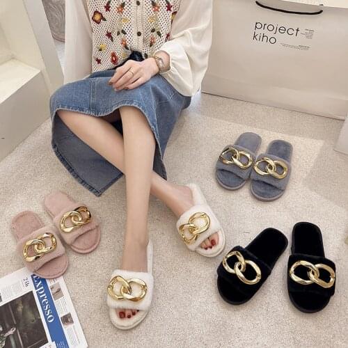 Gold Chain Fur slippers Shoes Women Autumn Fluffy Women slippers Fox Fur Flip Flop Flat Furry Fur Slides Outdoor Sandals Woman