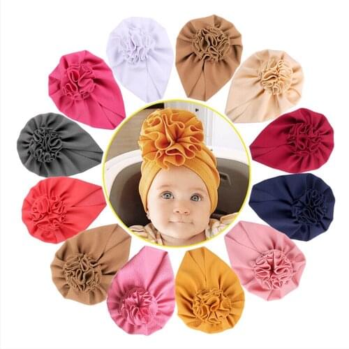Cute Newborn Baby Girls Solid Head Wrap Turban Cap Headband Beanie Hats Solid Toddler Infant Big Ruffled Flower Caps