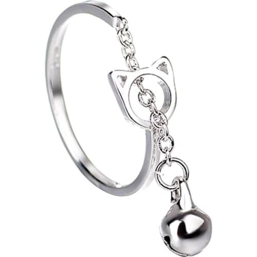 New Silver Color Hollow Cat Open Ring With Bell Pendant Creative Simple Chain Ring For Women Girl Lovely Jewelry Gift