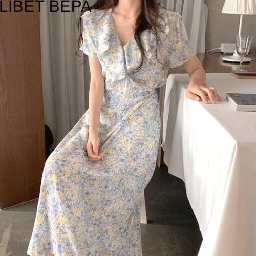 2021 New Women Summer Dress Chiffon Print Floral Vintage V-Neck Ruffle High Waist Lace Up Korean Elegant Lady Long Dress DR3190