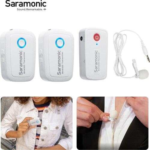2.4GHz Wireless Microphone System White for Camera Smartphone, Saramonic Compact Dual-channel Mic for DSLR Camera Smartphone