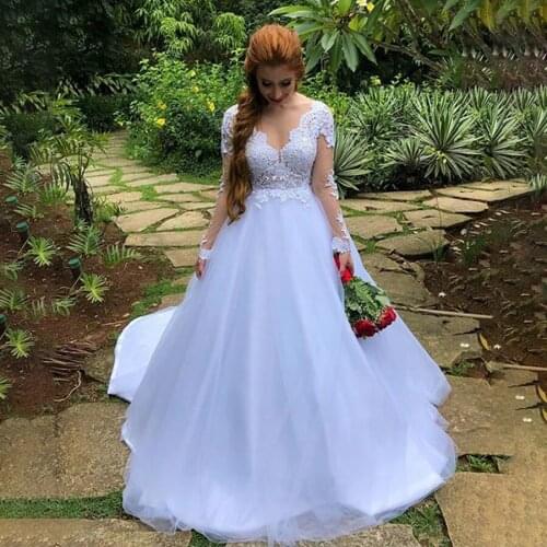 Sexy See Through V-neck Lace Wedding Dress Appliques Long Sleeve Bridal Wedding Ball Gown noivas vestidos de noiva