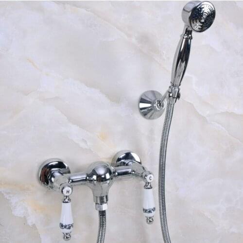 Modern Wall Mount Polished Chrome Brass Bathroom Hand Shower Faucet Mixer Tap Set Telephone Shape Hand Spray Shower Head ana284