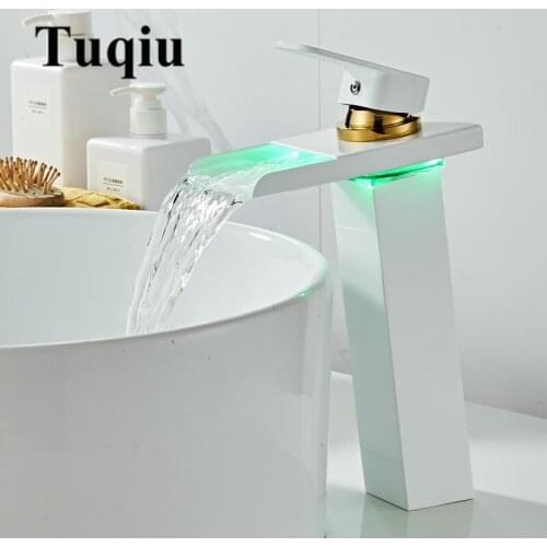 Led Faucet Temperature Controlled Basin Faucet LED Crane Water Tap White and Gold Bathroom Waterfall Faucet Bathroom Faucets