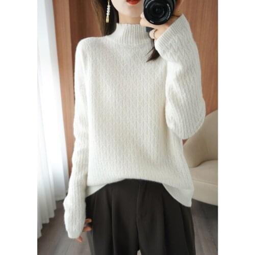 Half high neck cashmere sweater Womens loose warm knitted pullover 2021 winter coat lazy wool sweater thick cashmere sweater