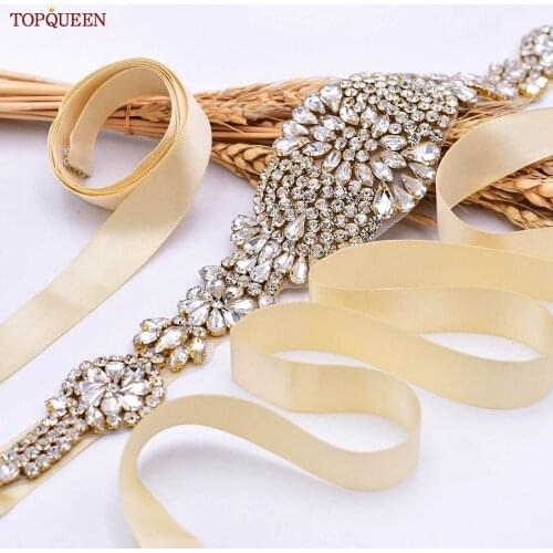 TOPQUEEN S123 Women Belt Gold Rhinestone Belt Bride Belt for Wedding Bridesmaid Dress Sash Belt Champagne Bridal Ribbon Belt