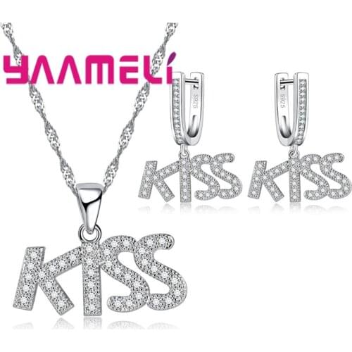 Unique Design KISS Sign for Lover Gifts Jewelry Sets Pure 925 Sterling Silver Crystal Necklace Pendant Dangle Earring