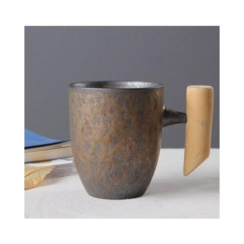 Japanese-style Vintage Ceramic Coffee Mug Tumbler Rust Glaze Tea Milk Beer Mug with Wood Handle Water Cup Home Office Drinkware