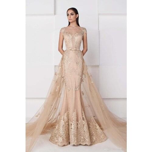 Champagne Muslim Evening Dresses Mermaid Cap Sleeves Tulle Appliques Islamic Dubai Saudi Arabic Long Evening Gown Prom Dress
