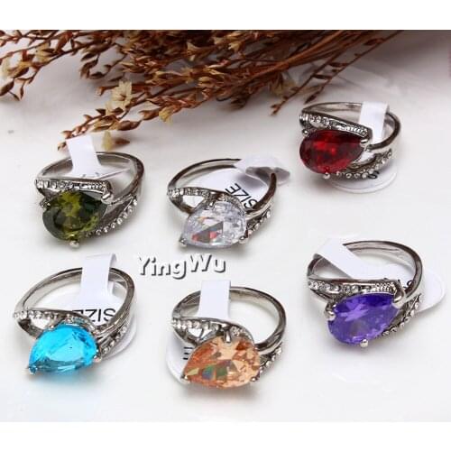 Yingwu 10pcs Gorgeous Female Water Drop Ring Women Silver Rhinestone Wedding Band Ring Luxury Zircon Engagement Ring