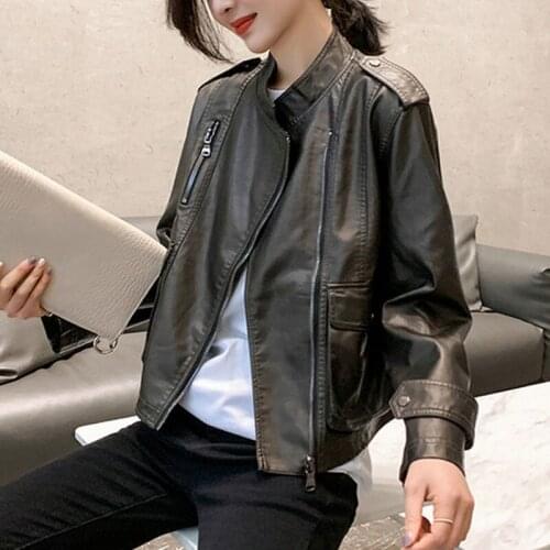 New Women Autumn Winter Black Faux Leather Jackets Zipper Basic Coat Stand-down Collar Motor Biker Jacket Female outerwear