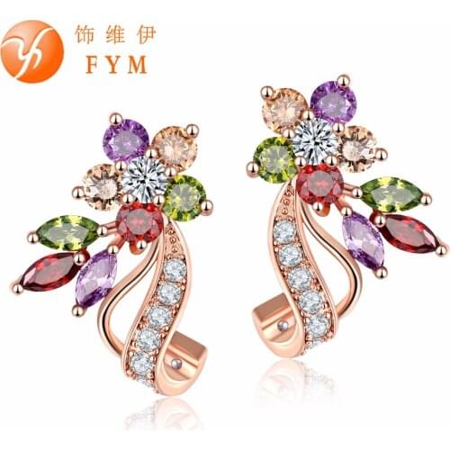 FYM New Fashion Rose Gold Color Flower Shape Women Stud Earring Colorful Cubic Zirconia Earrings Female Piercing Ear Jewelry
