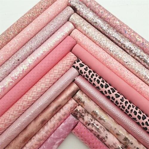 20PCS/SET Pink Glitter Faux Vinyl Fabric Leopard Litchi Flowers Synthetic Faux Leather Sheets Earrings Bows DIY 21X29CM GM3510