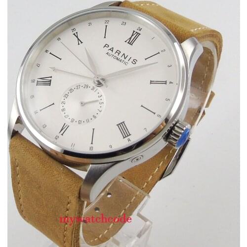 42mm Parnis white dial 24 Hours sea-gull Automatic Movement Mens Watch Genuine Leather strap