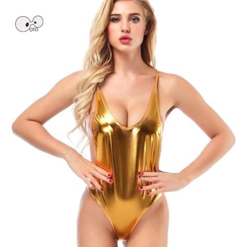 Shiny Coating Fabric One Piece Swimsuit Women Deep V Neck Halter Bodysuit Sexy Clubwear Erotic Costumes Beach Wear Bathing Suit