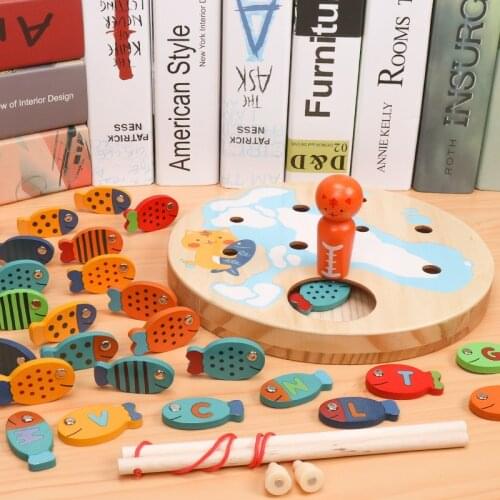 Childrens wooden magnetic fishing toy 26 Pcs kitten fishing game quality wood fishing educational toys boy girls gift