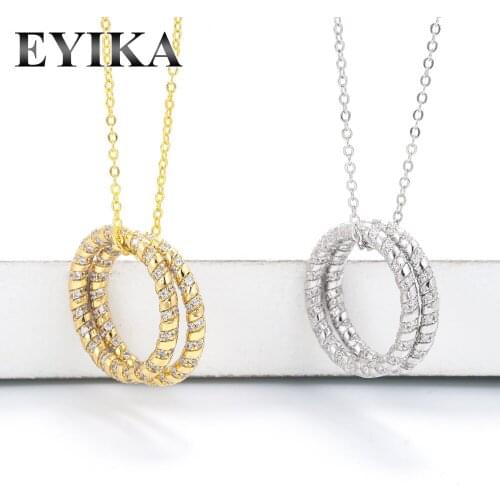 EYIKA Gorgeous Surround Inlaid Zircon Double Rings Pendant Necklace Gold Silver Color Designer Creativity Luxury Women Jewelry