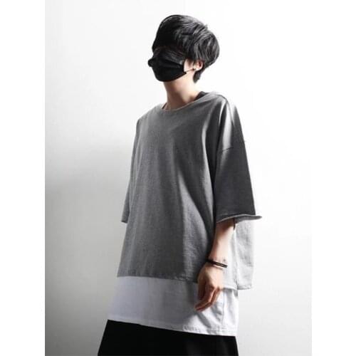 Mens summer new fashion loose off shoulder sleeve plain color round collar casual trend short sleeve T-shirt