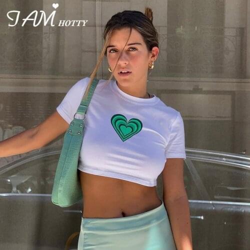 Kawaii Heart Print White T-shirts Women Casual Basic Cotton Cropped Top Tee Short Sleeve Korean Fashion Slim Shirt 90s Iamhotty
