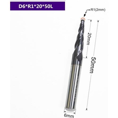 HRC55 solid carbide D6*R1*20*50L TiALN Coated Taper Ball Nose End Mill,cone milling cutter,Spherical woodworking router bit